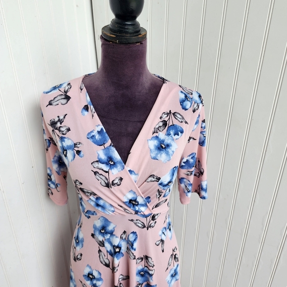 My Bump Pink Blue Floral Stretch Maternity Dress Short Sleeve Tie Back Large - Picture 2 of 12
